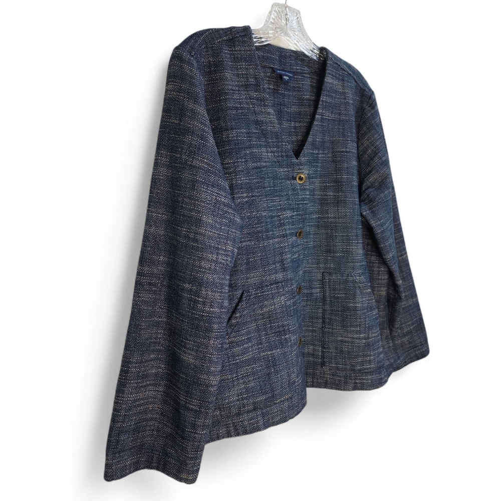 J Jill Indigo Blazer Jacket Blue Cardigan Women’s Large Button Front Soft Tweed - Picture 2 of 6